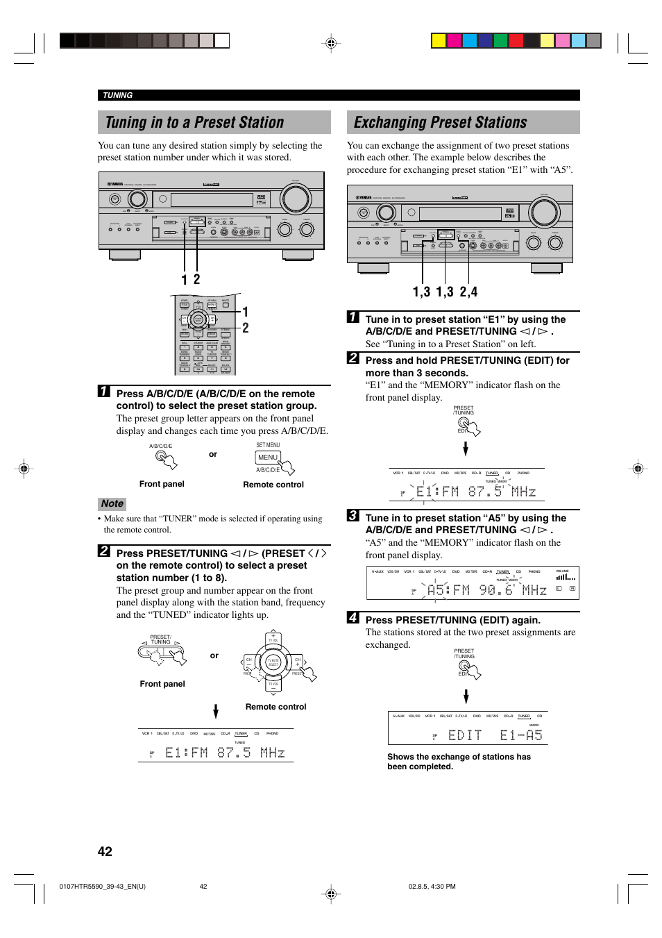 Tuning in to a preset station, Exchanging preset stations, A5:fm ~ 90.6 ~ mhz | Edit ~ e1-a5, E1:fm ~ 87.5 mhz, Standby /on | Yamaha HTR-5590 User Manual | Page 46 / 88