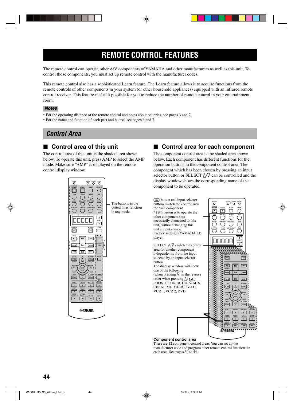 Advanced operation, Remote control features, Control area | Control area of this unit, Control area for each component | Yamaha HTR-5590 User Manual | Page 48 / 88