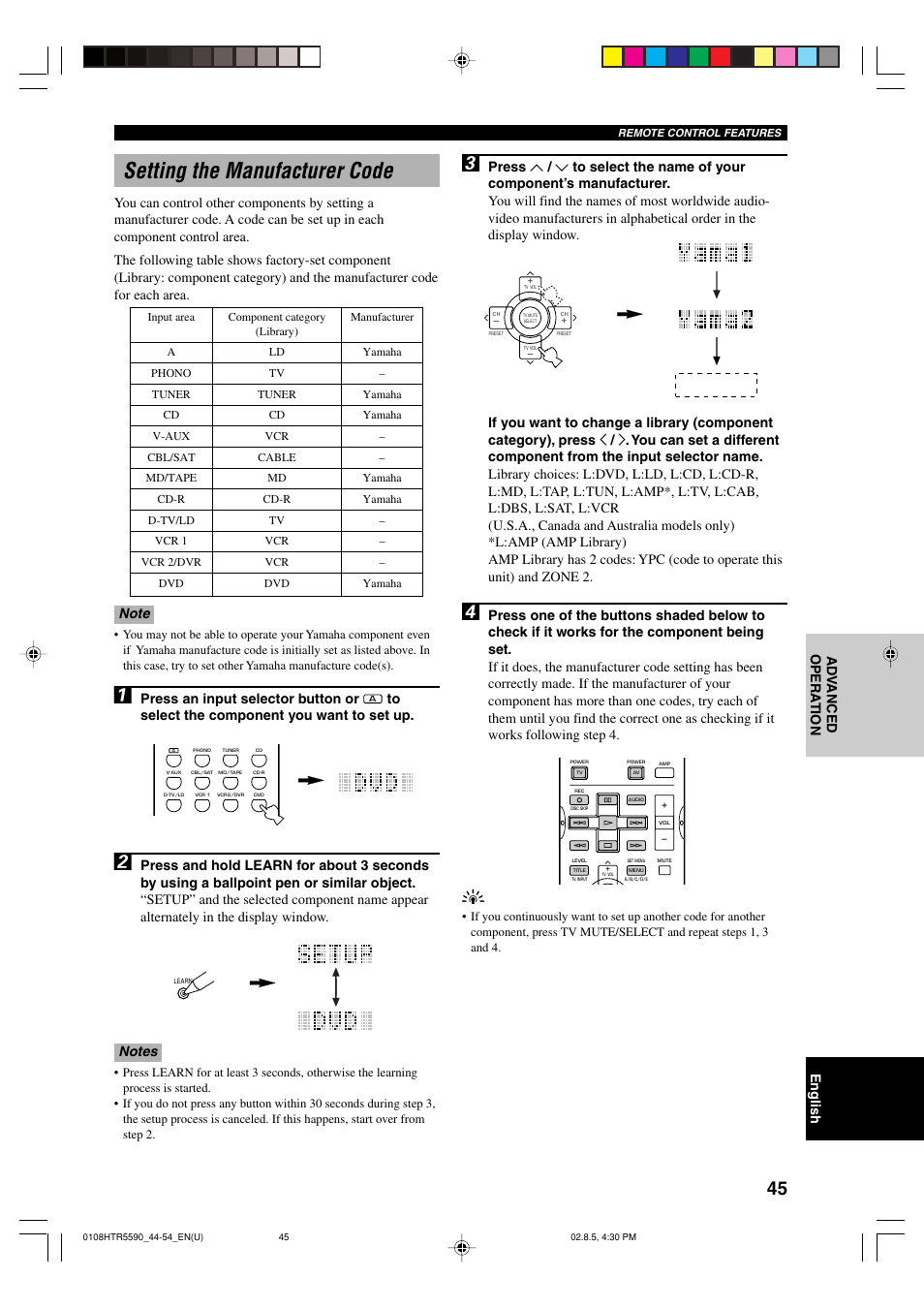 Setting the manufacturer code, Press an input selector button or | Yamaha HTR-5590 User Manual | Page 49 / 88