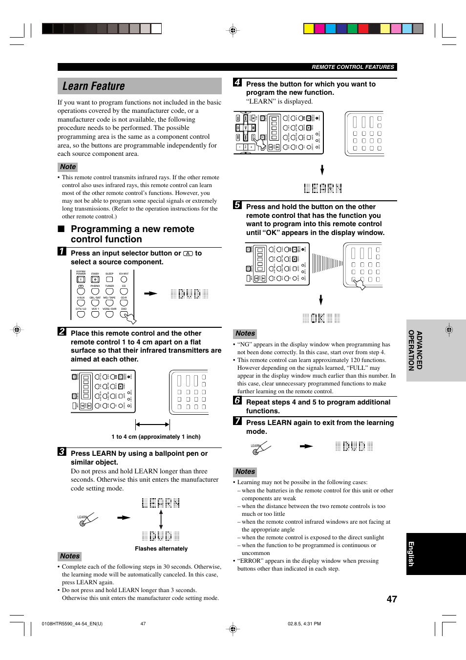 Learn feature, Programming a new remote control function, Press an input selector button or | 1 to 4 cm (approximately 1 inch), Flashes alternately, Remote control features | Yamaha HTR-5590 User Manual | Page 51 / 88