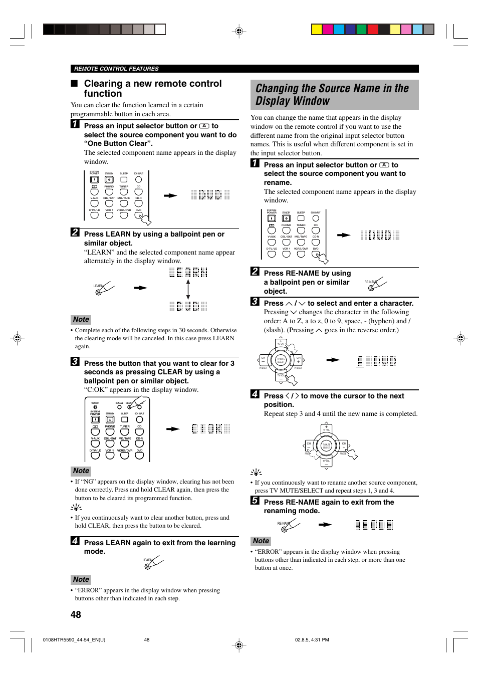 Changing the source name in the display window, Clearing a new remote control function, Press an input selector button or | Yamaha HTR-5590 User Manual | Page 52 / 88