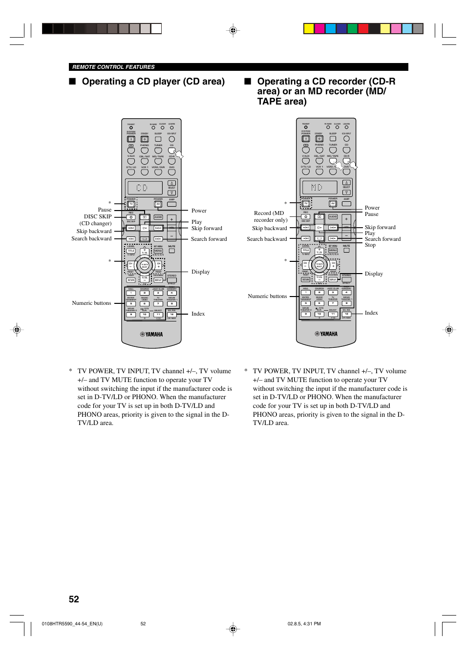 Operating a cd player (cd area), Remote control features | Yamaha HTR-5590 User Manual | Page 56 / 88