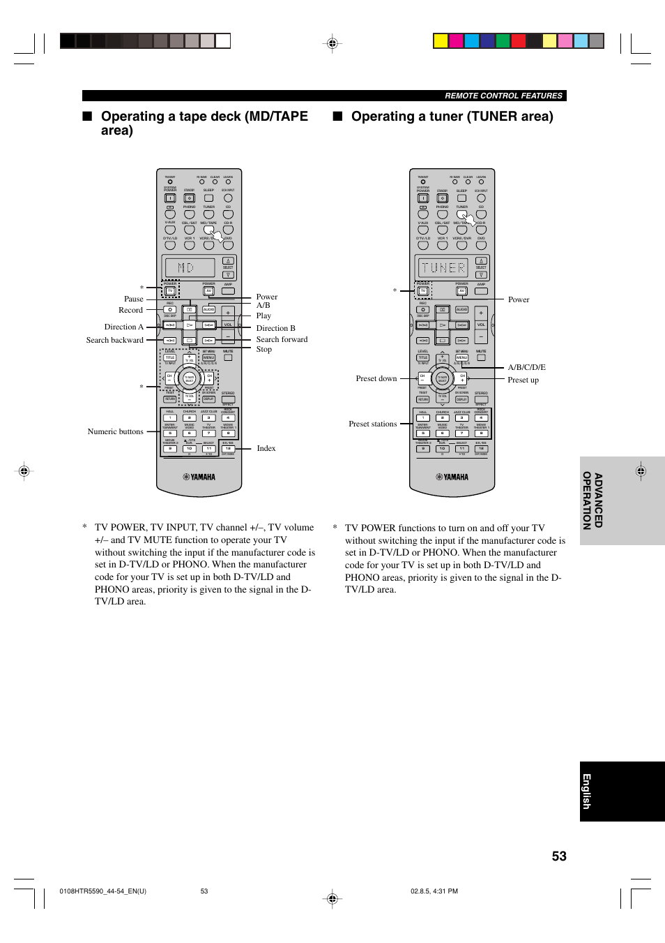 Remote control features | Yamaha HTR-5590 User Manual | Page 57 / 88