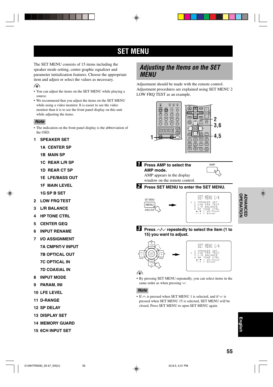 Set menu, Adjusting the items on the set menu, Set menu 1/4 | Press set menu to enter the set menu, Advanced operation | Yamaha HTR-5590 User Manual | Page 59 / 88