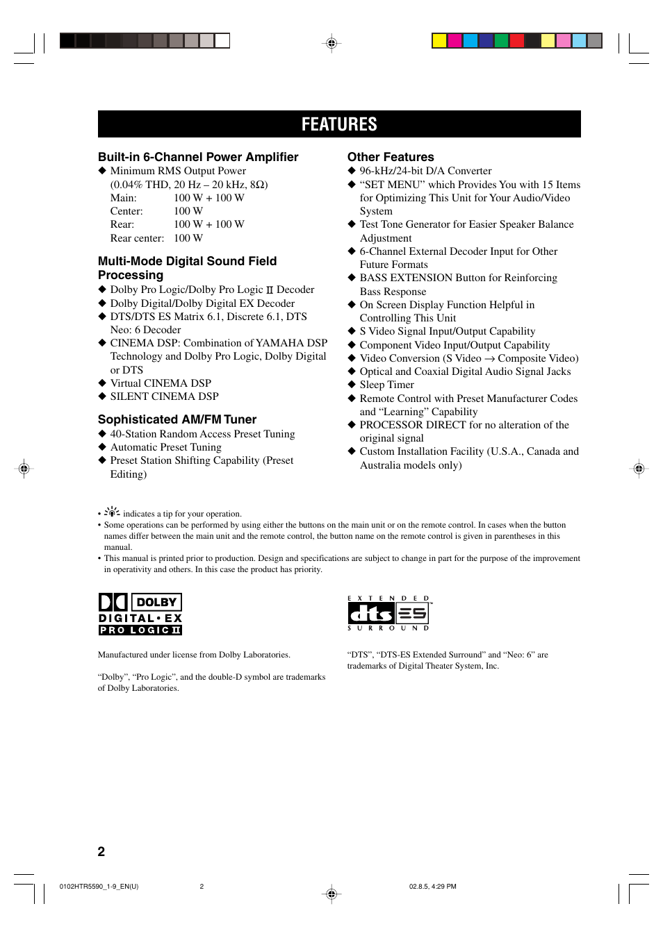 Features | Yamaha HTR-5590 User Manual | Page 6 / 88