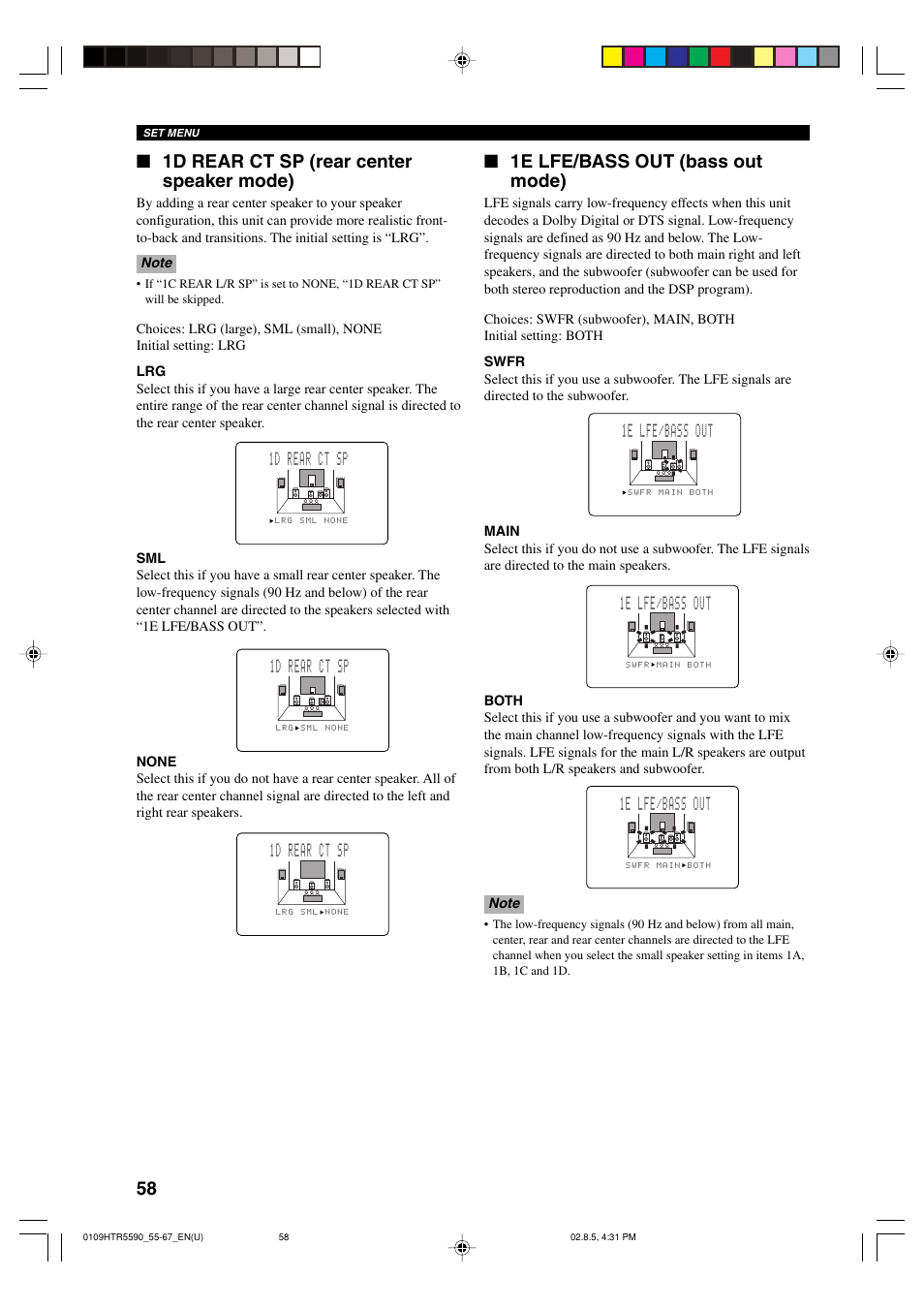 1d rear ct sp (rear center speaker mode), 1e lfe/bass out (bass out mode), 1e lfe/bass out | 1d rear ct sp | Yamaha HTR-5590 User Manual | Page 62 / 88