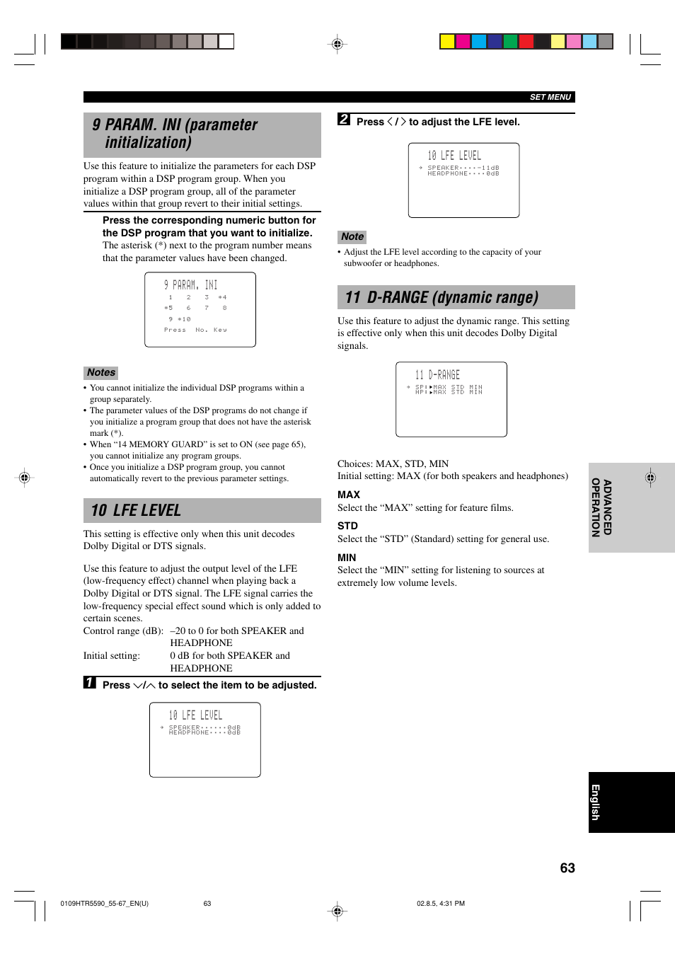 9 param. ini (parameter initialization), 10 lfe level, 11 d-range (dynamic range) | 11 d-range, 9 param. ini | Yamaha HTR-5590 User Manual | Page 67 / 88