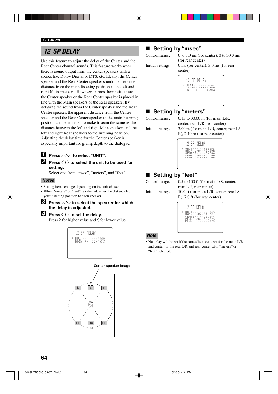 12 sp delay, Setting by “msec, Setting by “meters | Setting by “feet | Yamaha HTR-5590 User Manual | Page 68 / 88