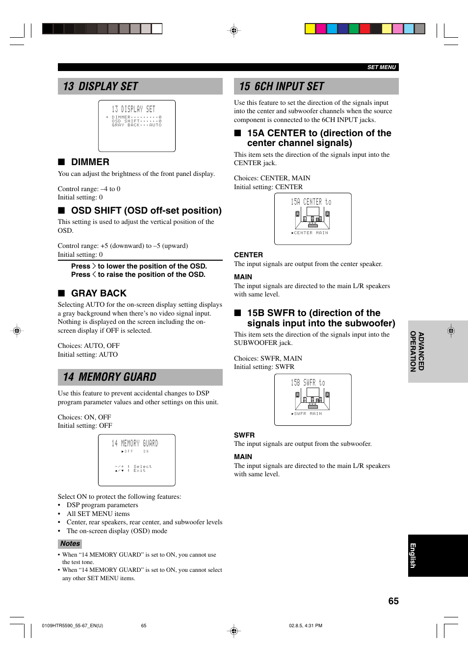 13 display set, 14 memory guard, 15 6ch input set | Dimmer, Osd shift (osd off-set position), Gray back, 15a center to, 15b swfr to | Yamaha HTR-5590 User Manual | Page 69 / 88