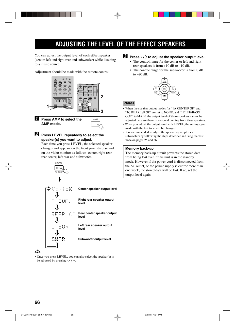 Adjusting the level of the effect speakers, Press amp to select the amp mode | Yamaha HTR-5590 User Manual | Page 70 / 88