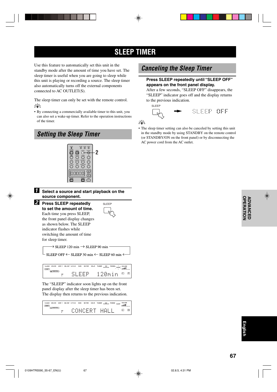 Sleep timer, Setting the sleep timer, Canceling the sleep timer | Setting the sleep timer 1, Sleep 120min, Concert hall | Yamaha HTR-5590 User Manual | Page 71 / 88