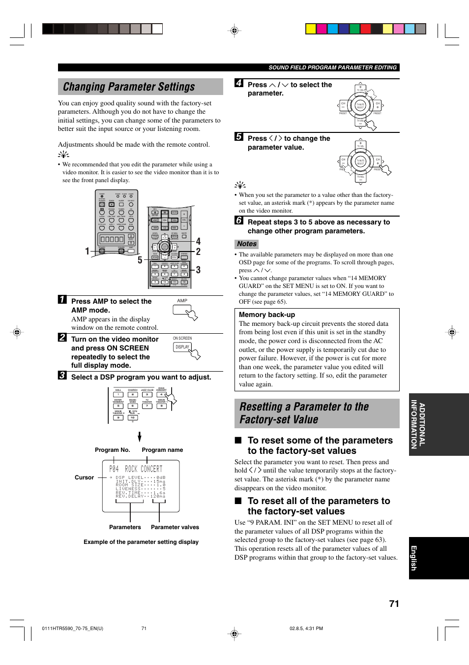 Changing parameter settings, Resetting a parameter to the factory-set value, P04 rock concert | Press u / d to select the parameter, Press j / i to change the parameter value, Select a dsp program you want to adjust, Parameter valves, Sound field program parameter editing | Yamaha HTR-5590 User Manual | Page 75 / 88