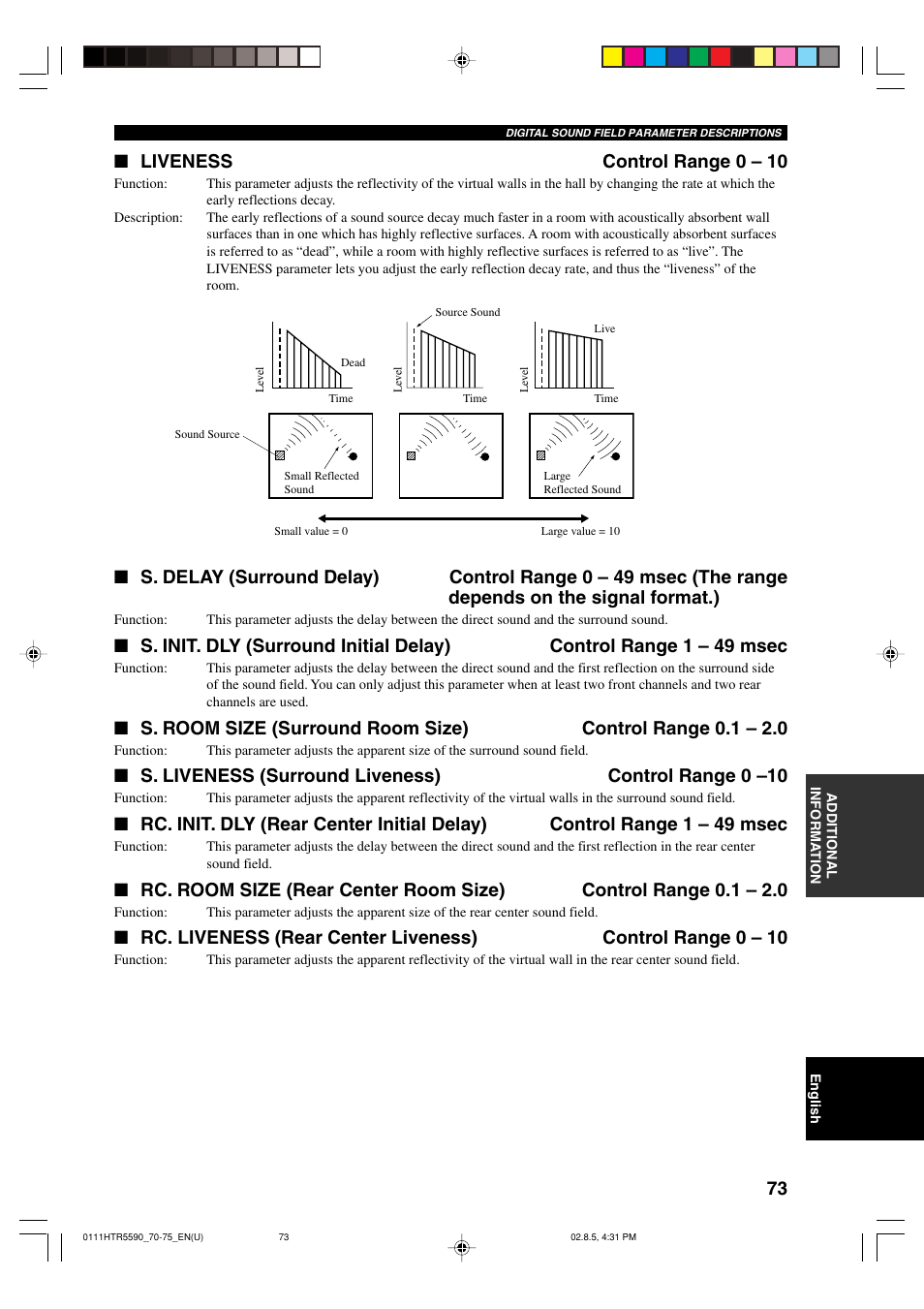 Liveness control range 0 – 10 | Yamaha HTR-5590 User Manual | Page 77 / 88