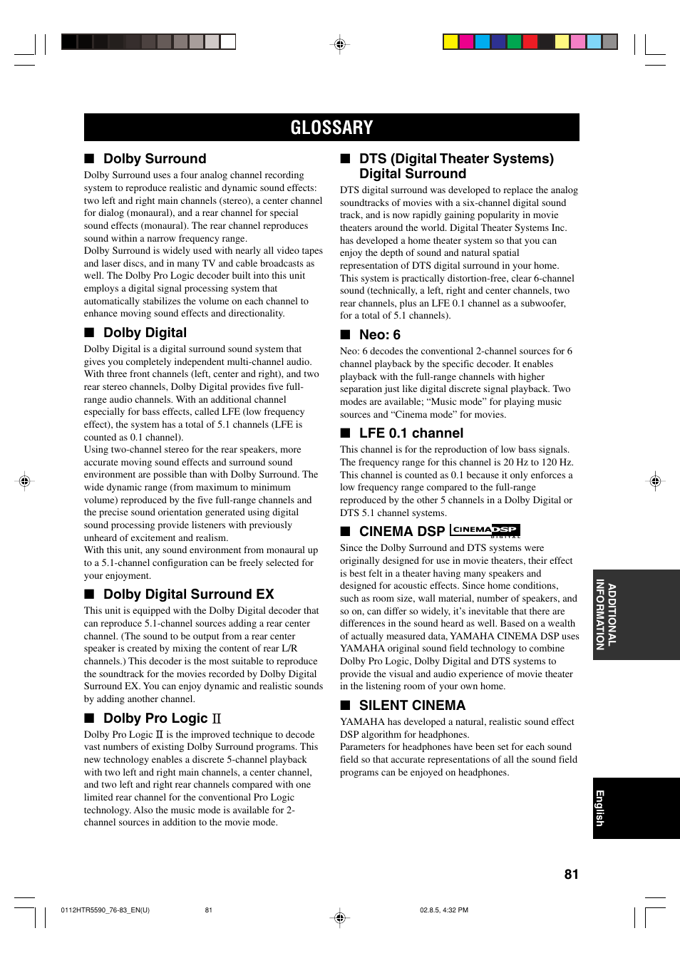 Glossary, Dolby surround, Dolby digital | Dolby digital surround ex, Dolby pro logic, Dts (digital theater systems) digital surround, Neo: 6, Lfe 0.1 channel, Cinema dsp, Silent cinema | Yamaha HTR-5590 User Manual | Page 85 / 88