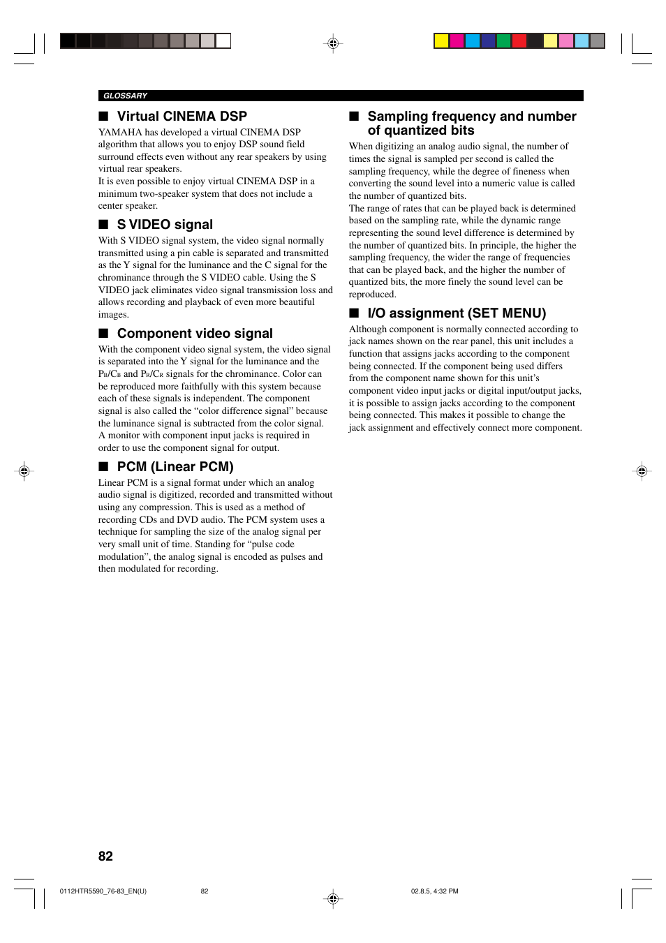 Virtual cinema dsp, S video signal, Component video signal | Pcm (linear pcm), Sampling frequency and number of quantized bits, I/o assignment (set menu) | Yamaha HTR-5590 User Manual | Page 86 / 88