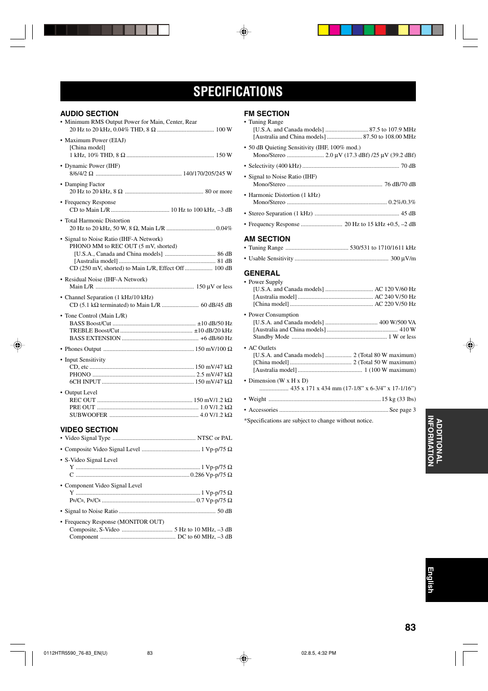 Specifications | Yamaha HTR-5590 User Manual | Page 87 / 88