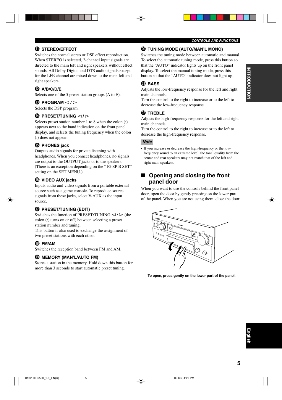 Opening and closing the front panel door | Yamaha HTR-5590 User Manual | Page 9 / 88