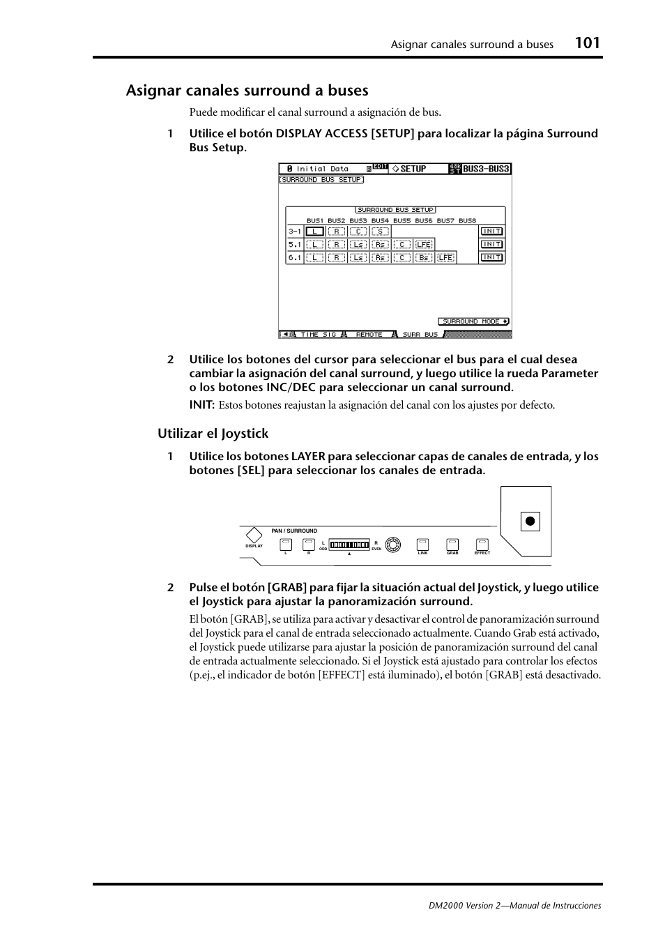 Asignar canales surround a buses, Utilizar el joystick | Yamaha DM 2000 User Manual | Page 101 / 410