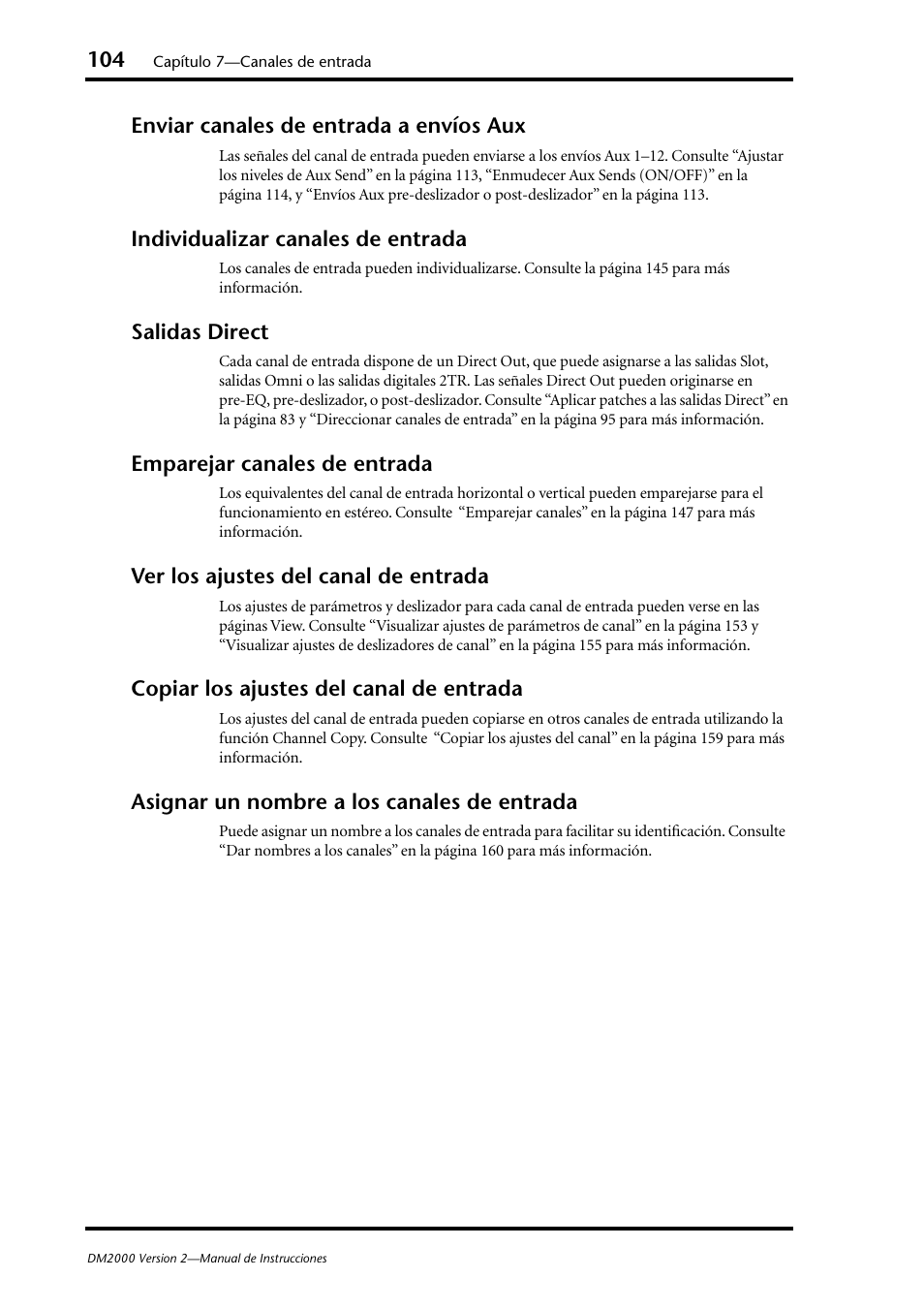 Enviar canales de entrada a envíos aux, Individualizar canales de entrada, Salidas direct | Emparejar canales de entrada, Ver los ajustes del canal de entrada, Copiar los ajustes del canal de entrada, Asignar un nombre a los canales de entrada | Yamaha DM 2000 User Manual | Page 104 / 410