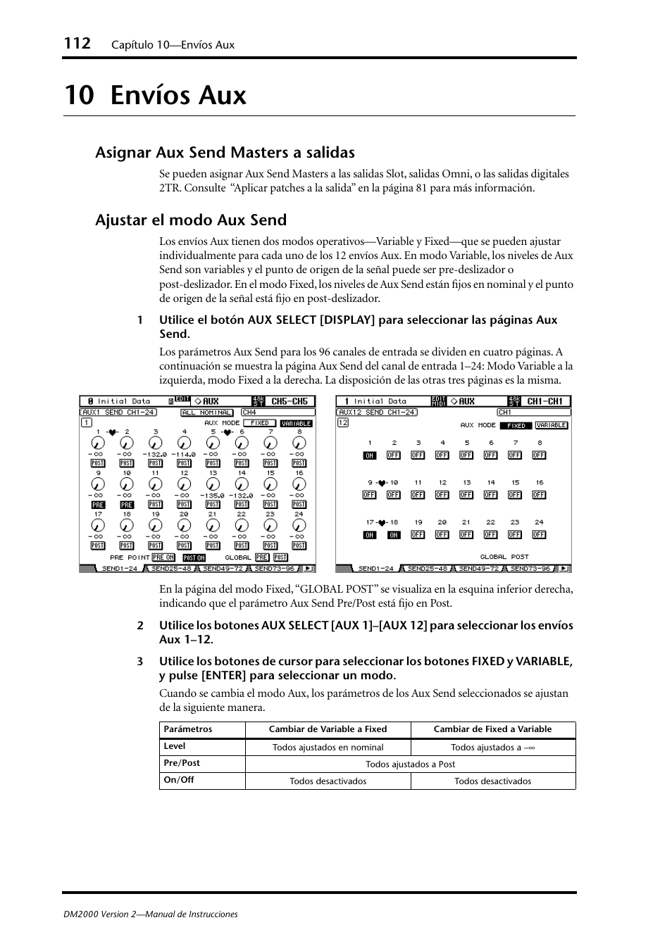 10 envíos aux, Asignar aux send masters a salidas, Ajustar el modo aux send | Yamaha DM 2000 User Manual | Page 112 / 410