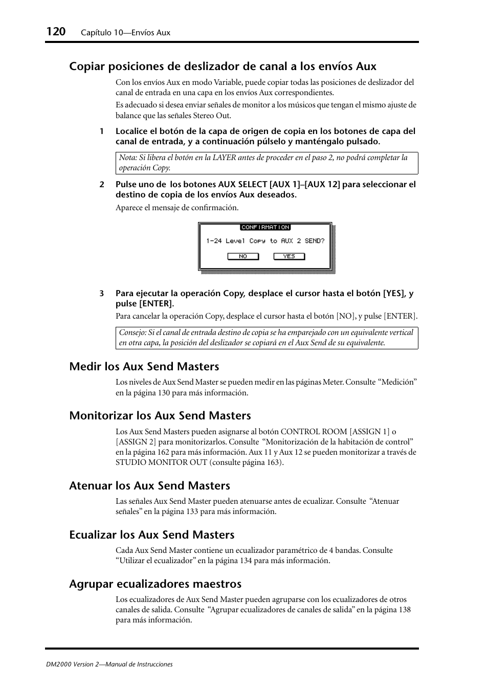 Medir los aux send masters, Monitorizar los aux send masters, Atenuar los aux send masters | Ecualizar los aux send masters, Agrupar ecualizadores maestros | Yamaha DM 2000 User Manual | Page 120 / 410