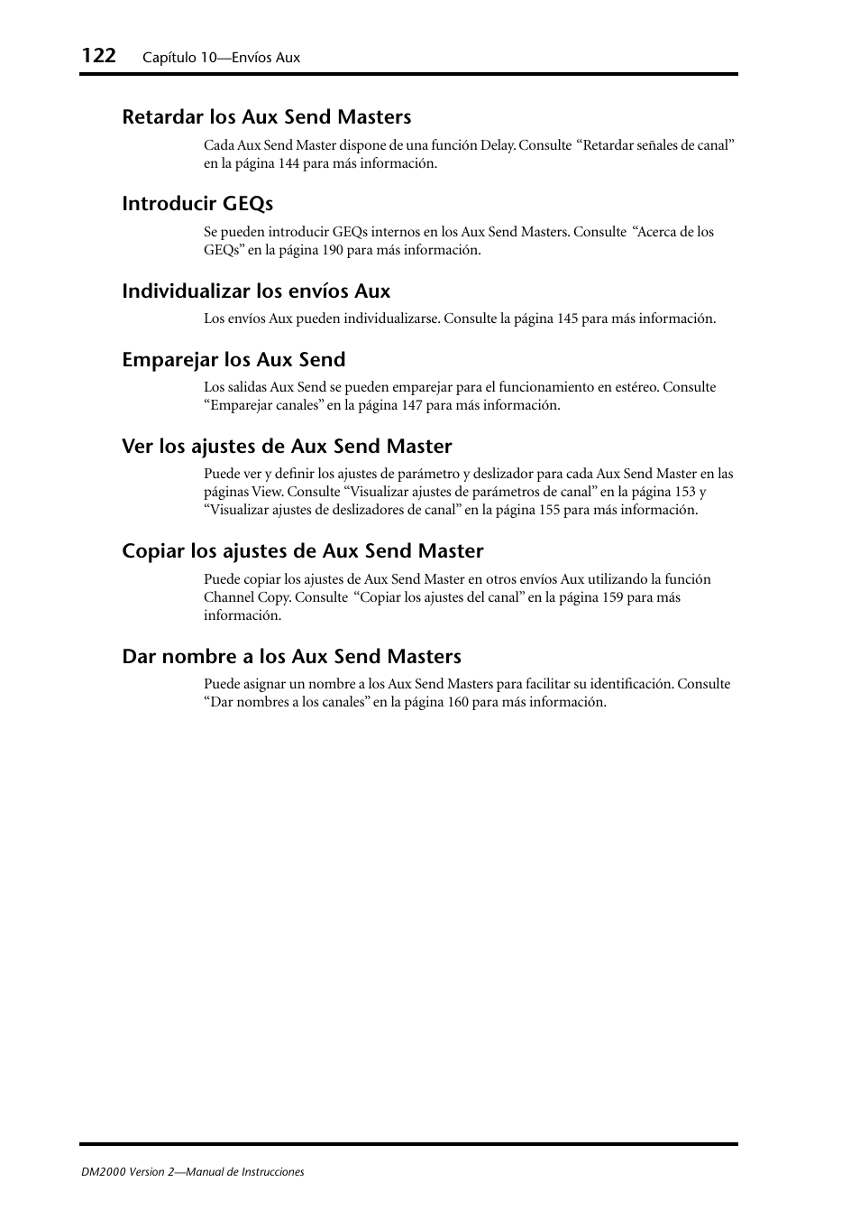 Retardar los aux send masters, Introducir geqs, Individualizar los envíos aux | Emparejar los aux send, Ver los ajustes de aux send master, Copiar los ajustes de aux send master, Dar nombre a los aux send masters | Yamaha DM 2000 User Manual | Page 122 / 410