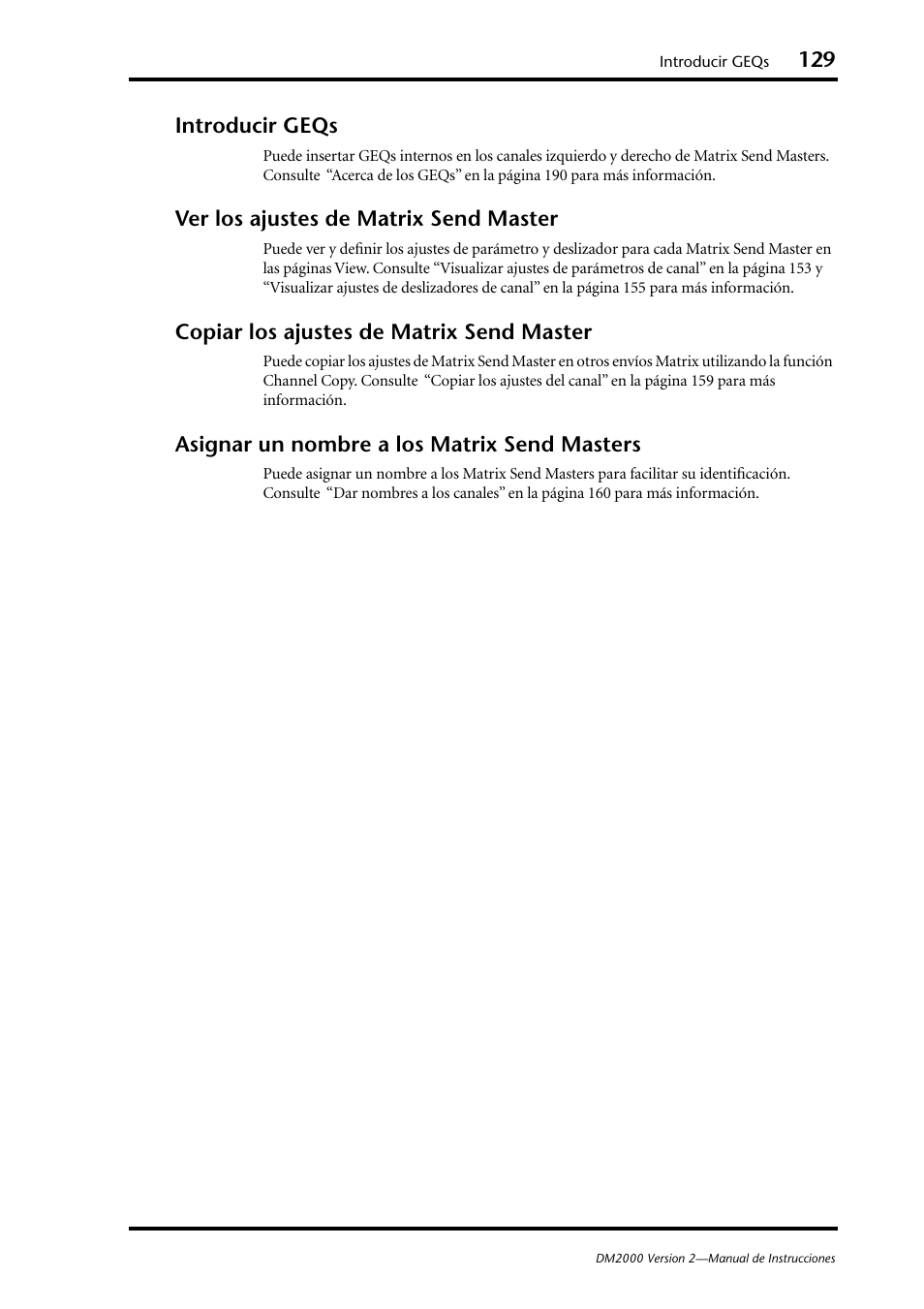 Introducir geqs, Ver los ajustes de matrix send master, Copiar los ajustes de matrix send master | Asignar un nombre a los matrix send masters | Yamaha DM 2000 User Manual | Page 129 / 410