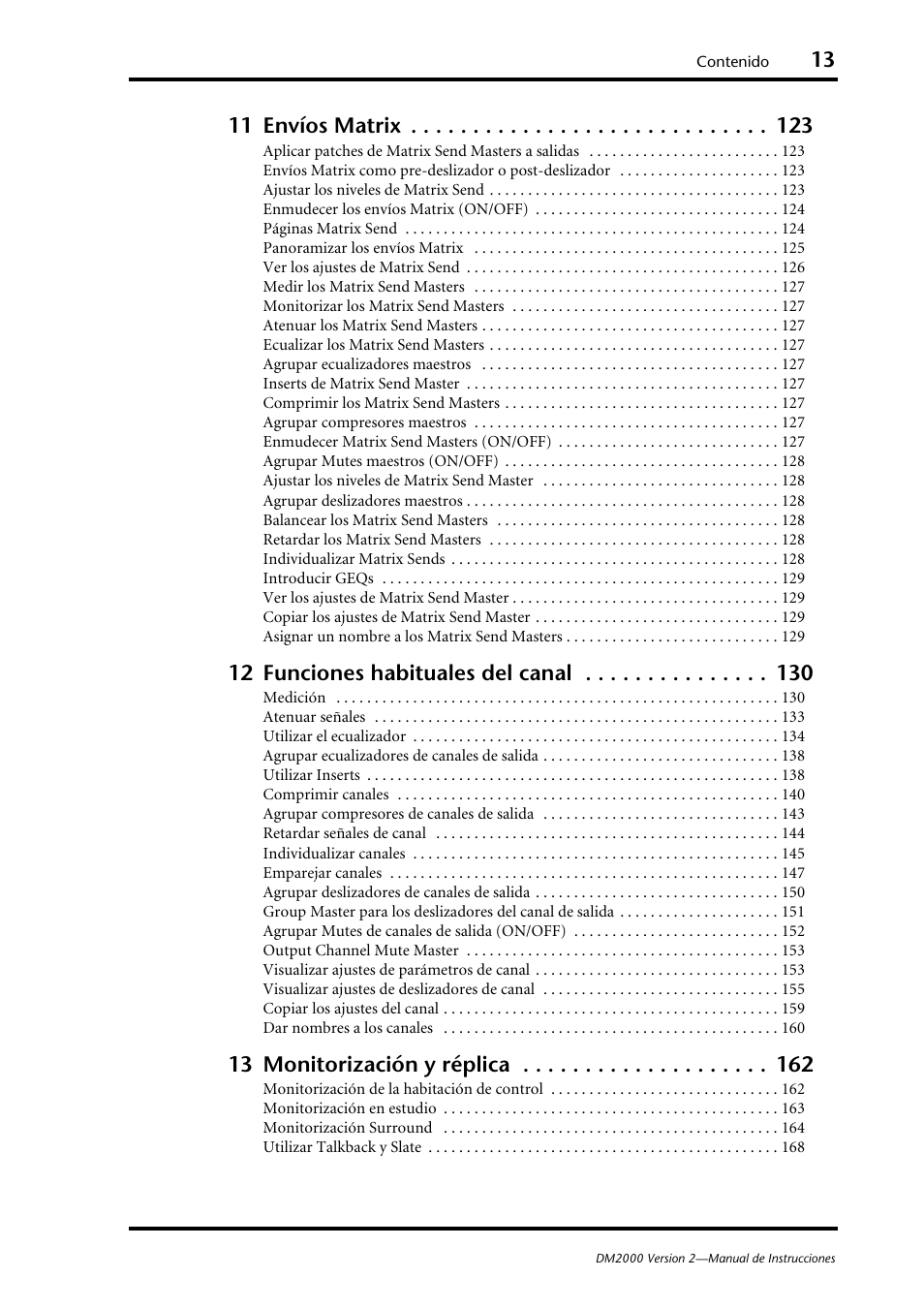 11 envíos matrix, 12 funciones habituales del canal, 13 monitorización y réplica | Yamaha DM 2000 User Manual | Page 13 / 410