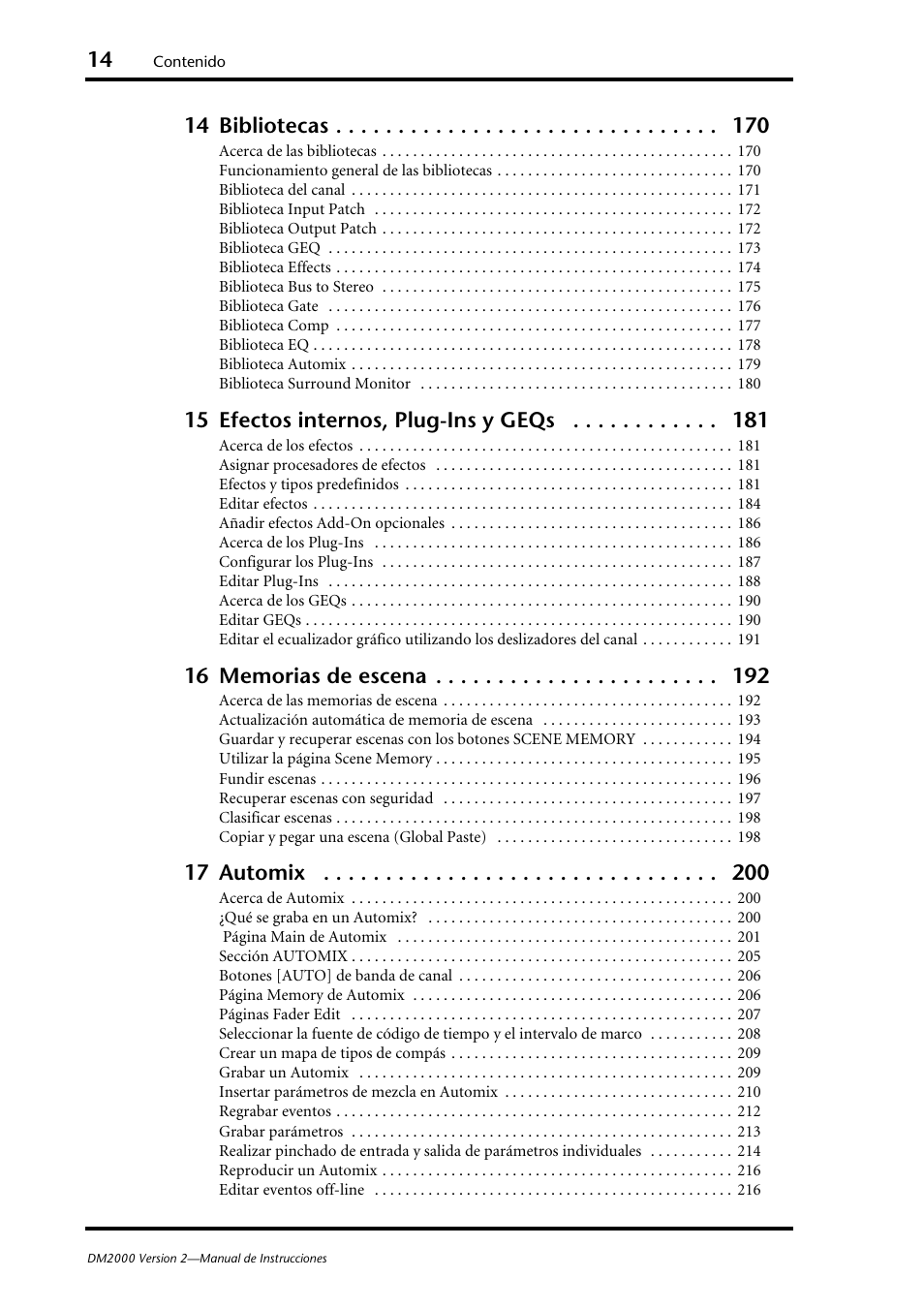 14 bibliotecas, 15 efectos internos, plug-ins y geqs, 17 automix | Yamaha DM 2000 User Manual | Page 14 / 410