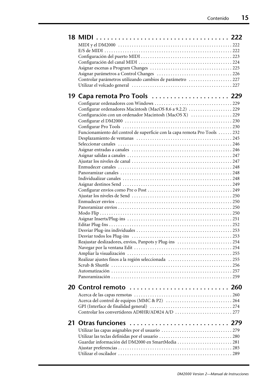 18 midi, 19 capa remota pro tools, 20 control remoto | 21 otras funciones | Yamaha DM 2000 User Manual | Page 15 / 410