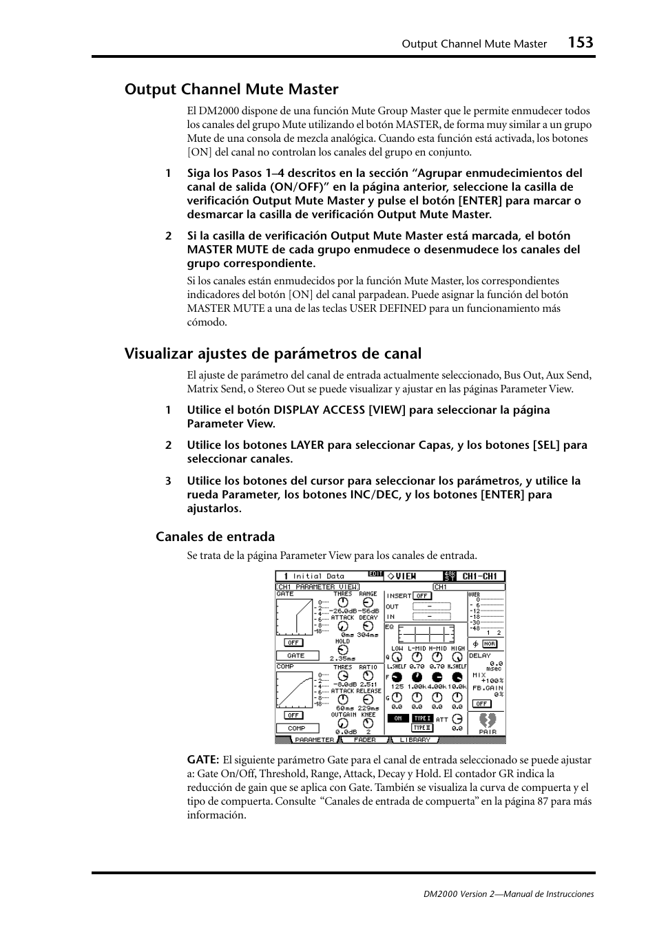 Output channel mute master, Visualizar ajustes de parámetros de canal | Yamaha DM 2000 User Manual | Page 153 / 410