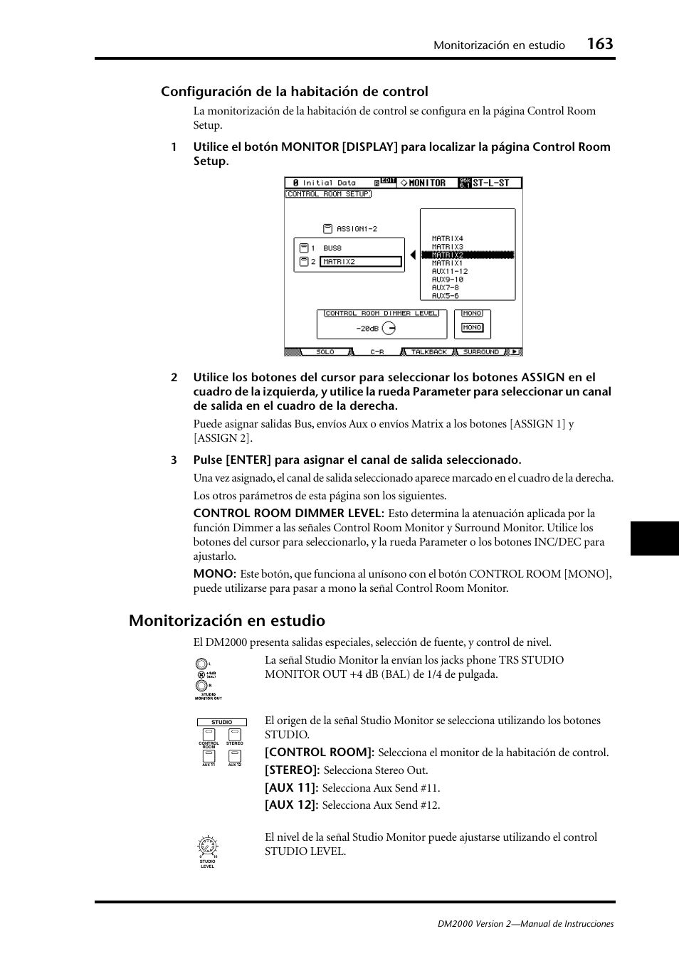 Monitorización en estudio, Configuración de la habitación de control | Yamaha DM 2000 User Manual | Page 163 / 410