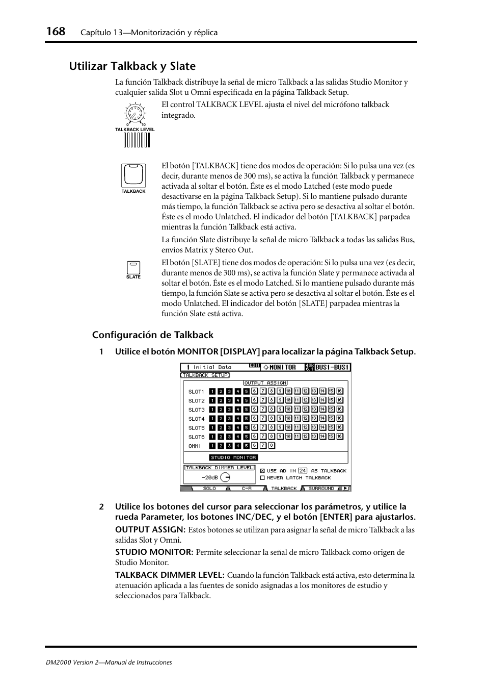 Utilizar talkback y slate, Configuración de talkback | Yamaha DM 2000 User Manual | Page 168 / 410