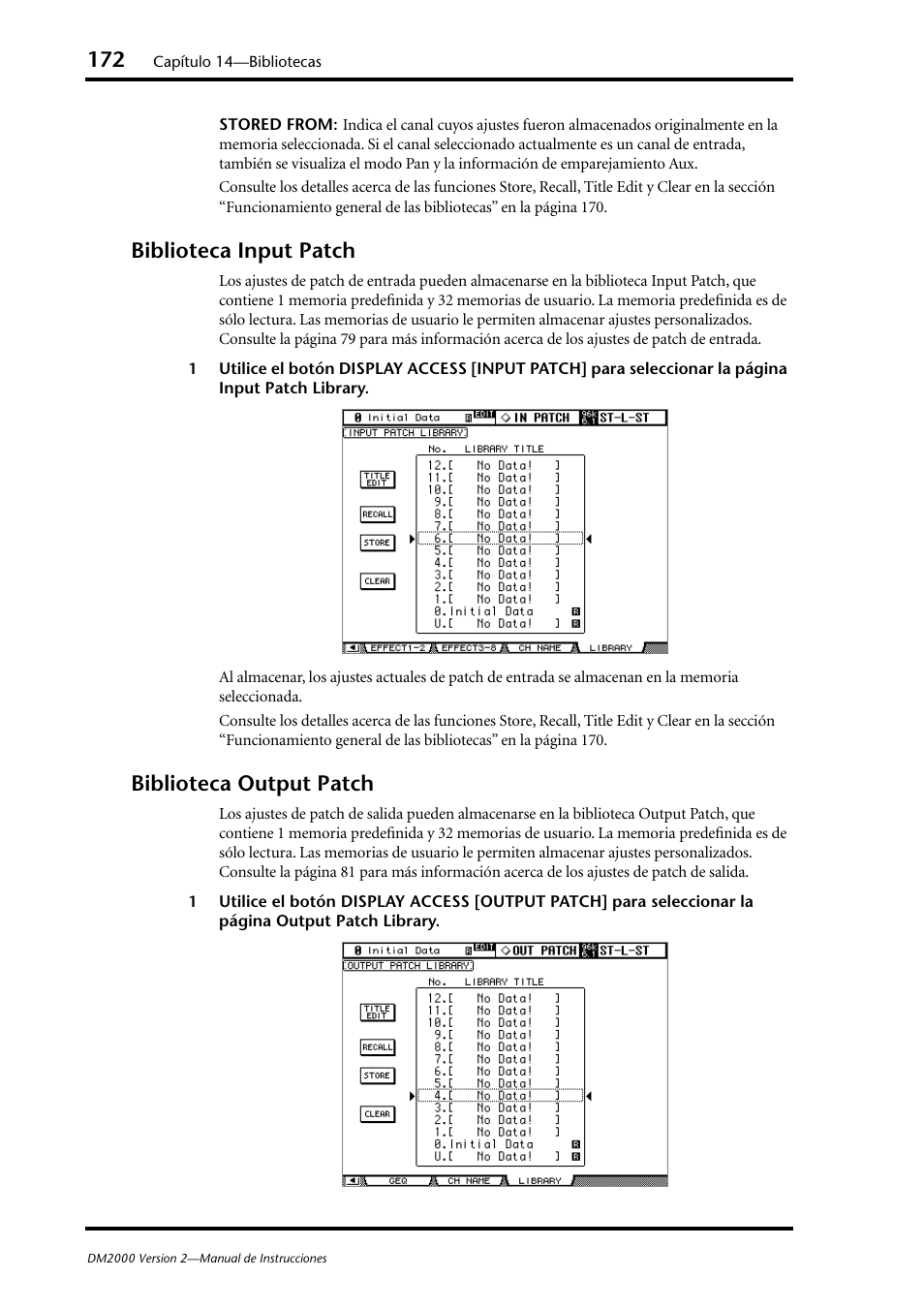 Biblioteca input patch, Biblioteca output patch, Biblioteca input patch biblioteca output patch | Yamaha DM 2000 User Manual | Page 172 / 410