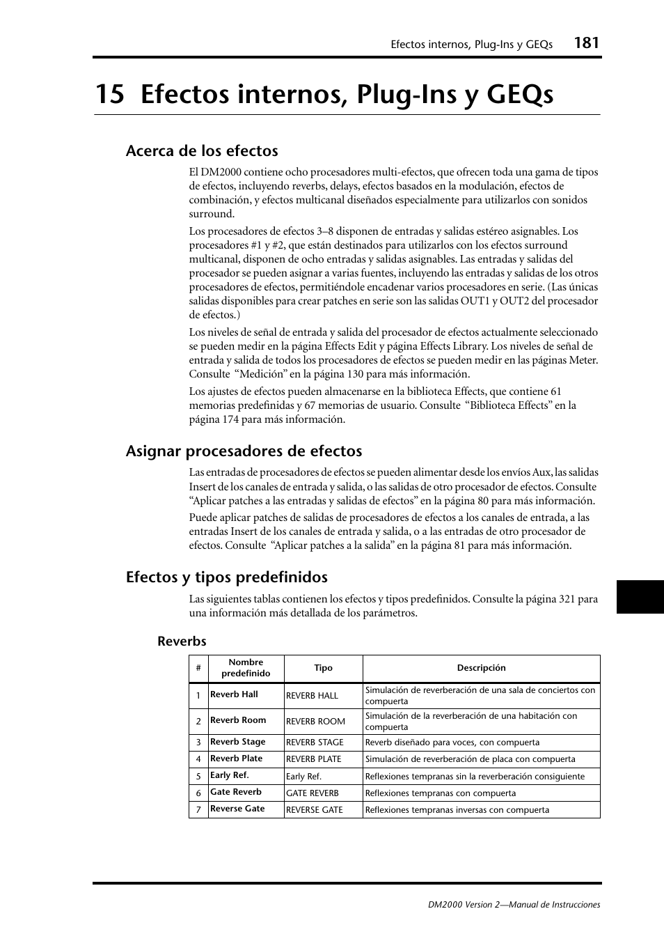 15 efectos internos, plugins y geqs, Acerca de los efectos, Asignar procesadores de efectos | Efectos y tipos predefinidos, 15 efectos internos, plug-ins y geqs, Reverbs | Yamaha DM 2000 User Manual | Page 181 / 410