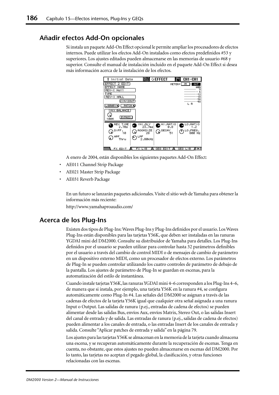 Añadir efectos add-on opcionales, Acerca de los plug-ins | Yamaha DM 2000 User Manual | Page 186 / 410