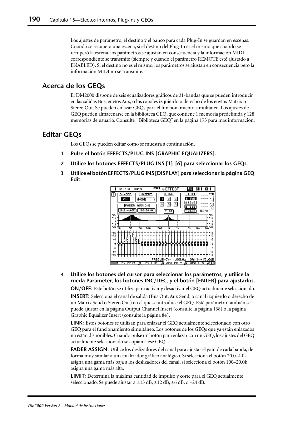 Acerca de los geqs, Editar geqs, Acerca de los geqs editar geqs | Yamaha DM 2000 User Manual | Page 190 / 410