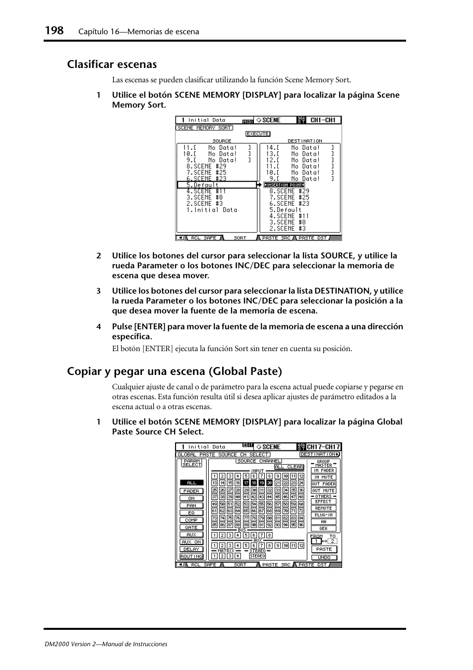 Clasificar escenas, Copiar y pegar una escena (global paste) | Yamaha DM 2000 User Manual | Page 198 / 410