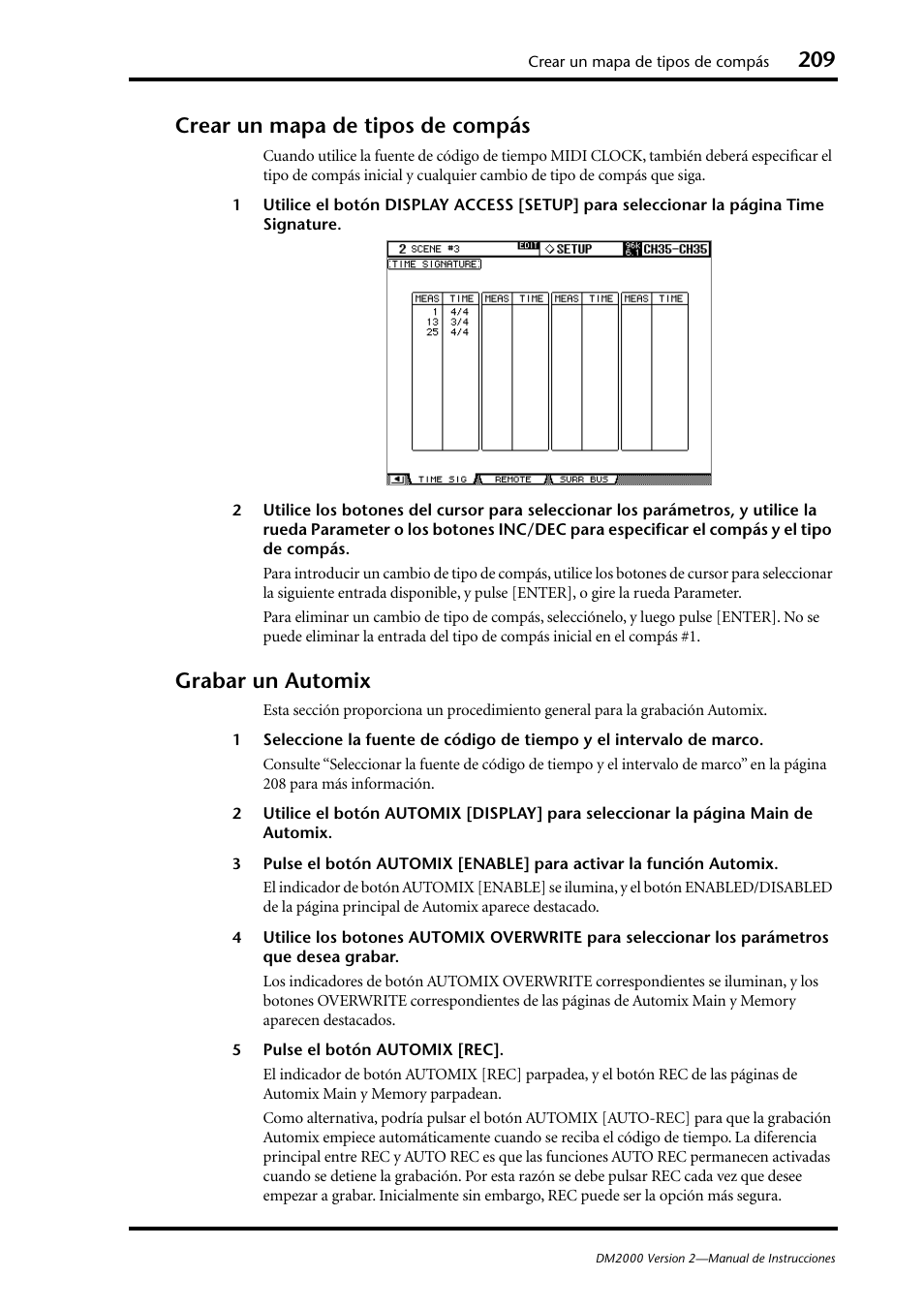 Crear un mapa de tipos de compás, Grabar un automix, Crear un mapa de tipos de compás grabar un automix | Yamaha DM 2000 User Manual | Page 209 / 410