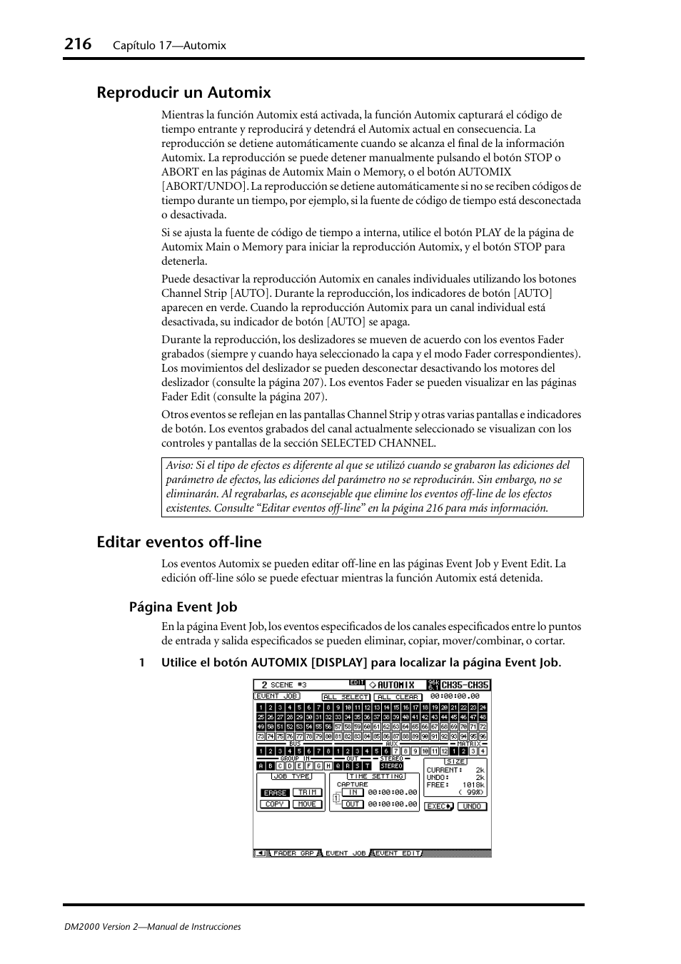Reproducir un automix, Editar eventos off-line, Reproducir un automix editar eventos off-line | Yamaha DM 2000 User Manual | Page 216 / 410