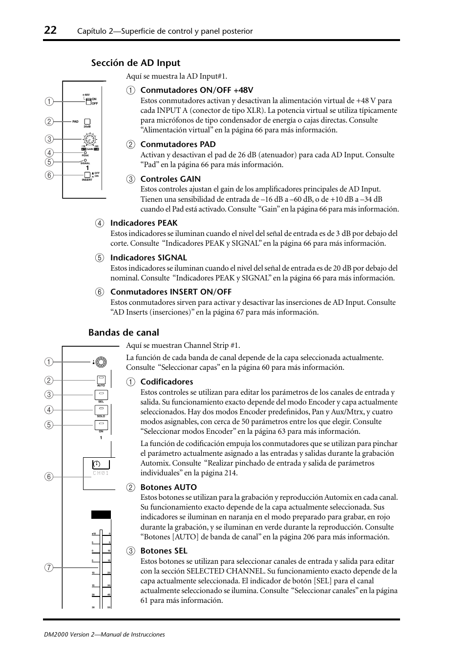 Sección de ad input (p. 22), Bandas de canal (p. 22), Sección de ad input | Bandas de canal, Capítulo 2—superficie de control y panel posterior, Aquí se muestra la ad input#1 | Yamaha DM 2000 User Manual | Page 22 / 410