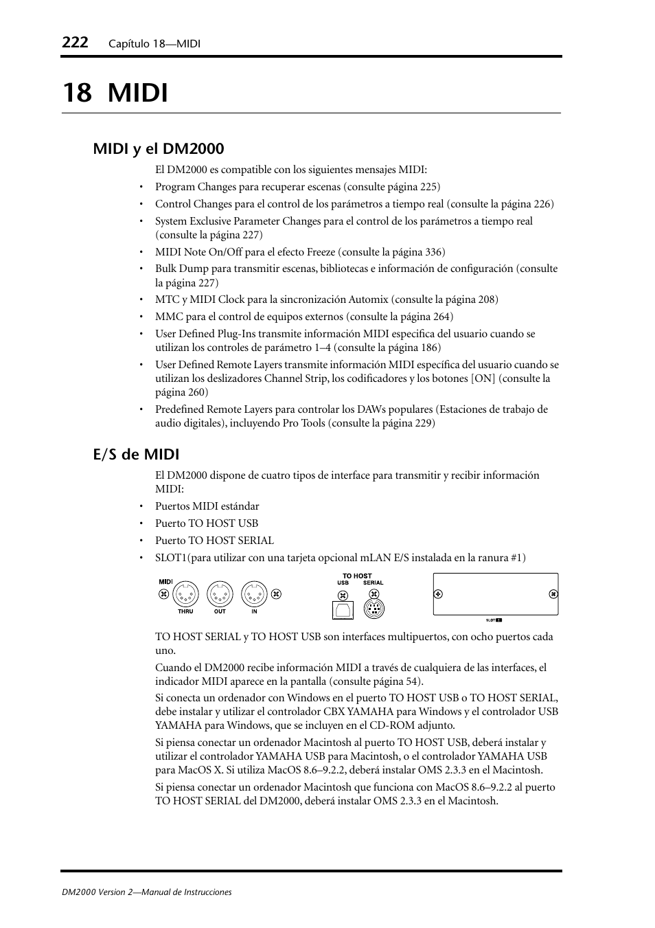 18 midi, Midi y el dm2000, E/s de midi | Midi y el dm2000 e/s de midi | Yamaha DM 2000 User Manual | Page 222 / 410