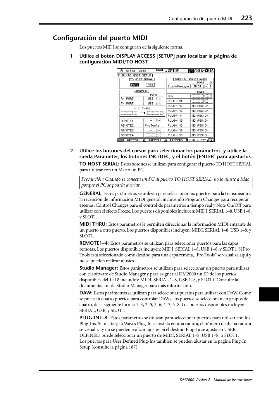 Configuración del puerto midi | Yamaha DM 2000 User Manual | Page 223 / 410