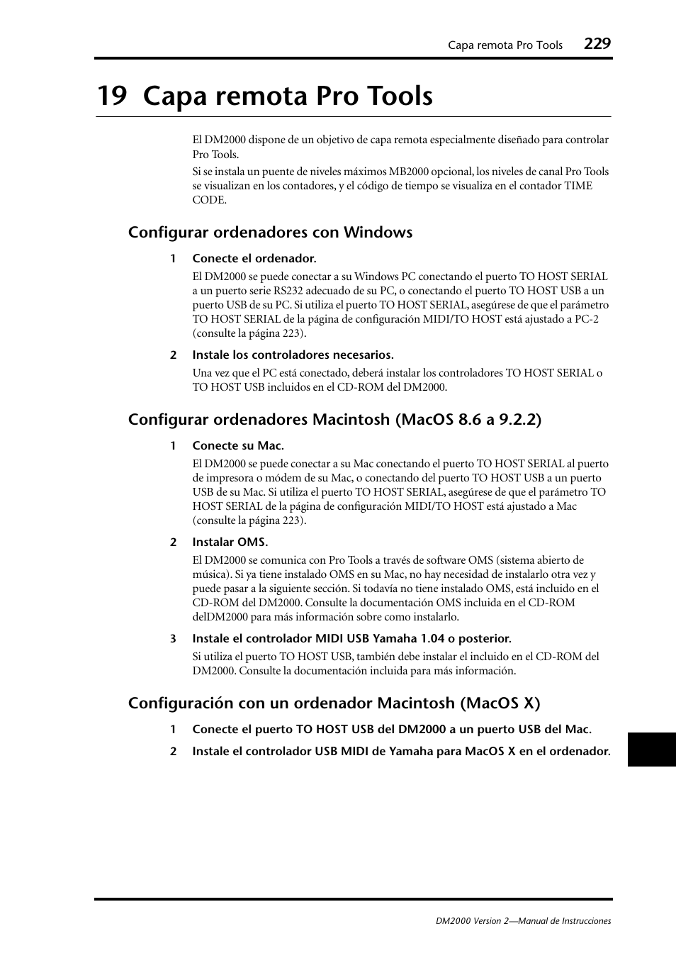 19 capa remota pro tools, Configurar ordenadores con windows, Configuración con un ordenador macintosh (macos x) | Yamaha DM 2000 User Manual | Page 229 / 410