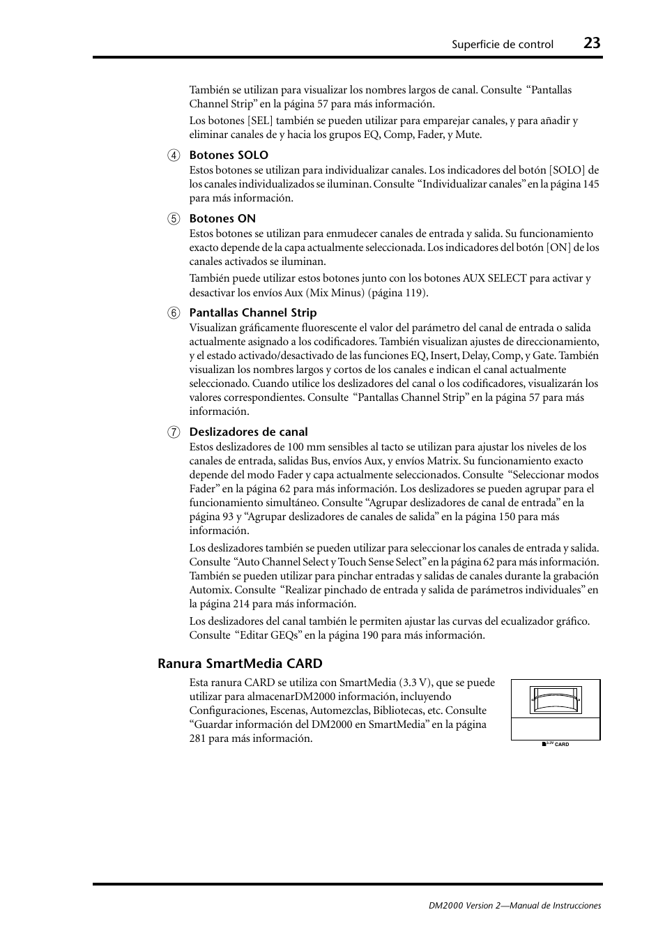 Ranura smartme, Dia card (p. 23) | Yamaha DM 2000 User Manual | Page 23 / 410