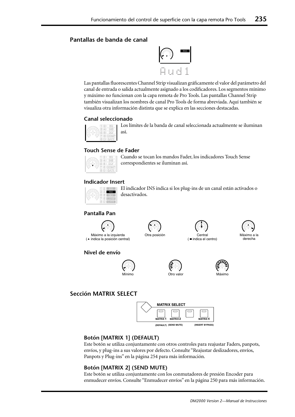 A u d 1, Pantallas de banda de canal, Sección matrix select | Canal seleccionado, Touch sense de fader, Indicador insert, Pantalla pan nivel de envío, Botón [matrix 1] (default), Botón [matrix 2] (send mute) | Yamaha DM 2000 User Manual | Page 235 / 410