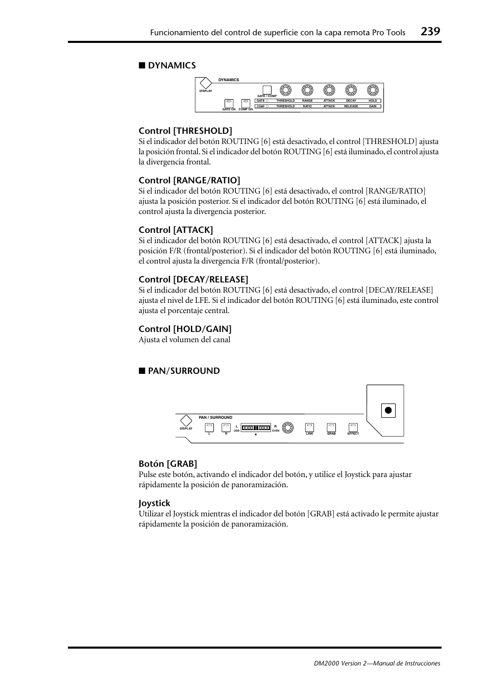 Dynamics control [threshold, Control [range/ratio, Control [attack | Control [decay/release, Control [hold/gain, Pan/surround botón [grab, Joystick, Ajusta el volumen del canal | Yamaha DM 2000 User Manual | Page 239 / 410