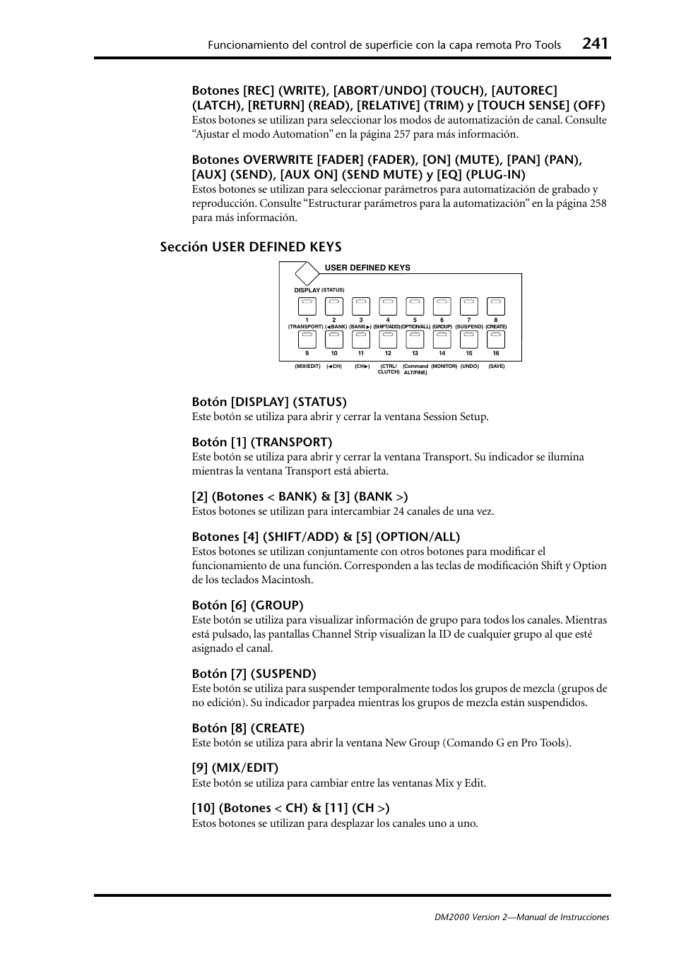 Sección user defined keys, Botón [display] (status), Botón [1] (transport) | 2] (botones < bank) & [3] (bank >), Botones [4] (shift/add) & [5] (option/all), Botón [6] (group), Botón [7] (suspend), Botón [8] (create), 9] (mix/edit), 10] (botones < ch) & [11] (ch >) | Yamaha DM 2000 User Manual | Page 241 / 410