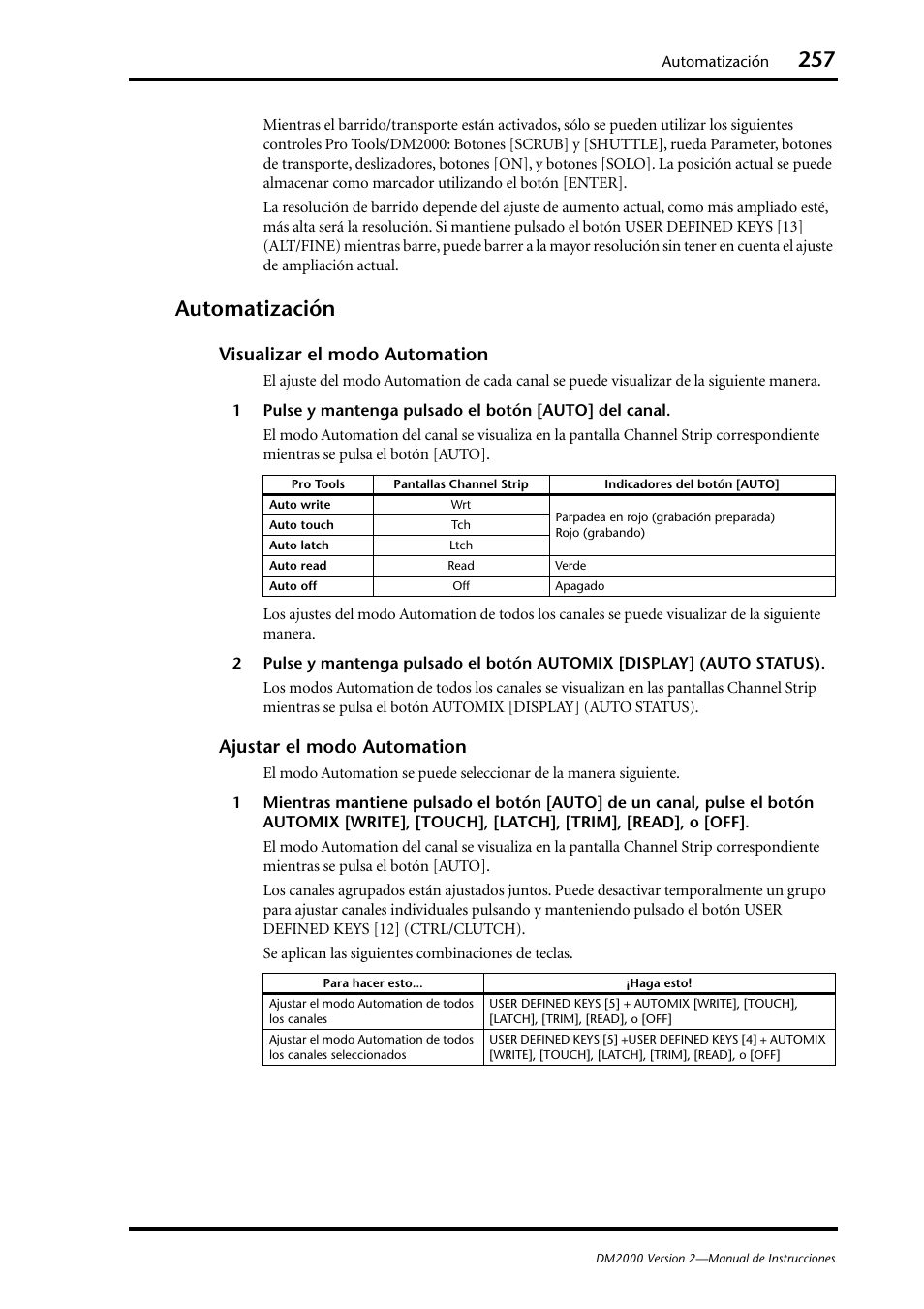 Automatización, Visualizar el modo automation, Ajustar el modo automation | Yamaha DM 2000 User Manual | Page 257 / 410