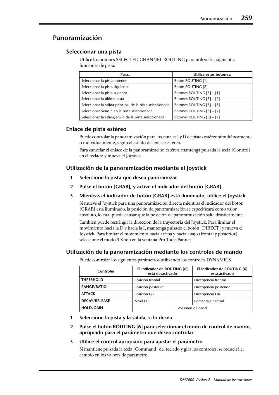 Panoramización, Seleccionar una pista, Enlace de pista estéreo | Yamaha DM 2000 User Manual | Page 259 / 410